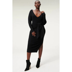 Good American Long Sleeve Belted Body Dress black ribbed size XL